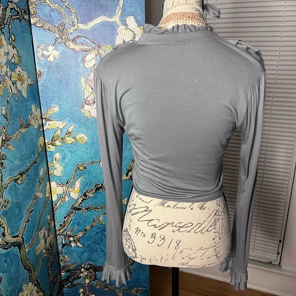 ruffled SZ M Arden B, elephant gray,, crop top blouse. - Picture 7 of 9